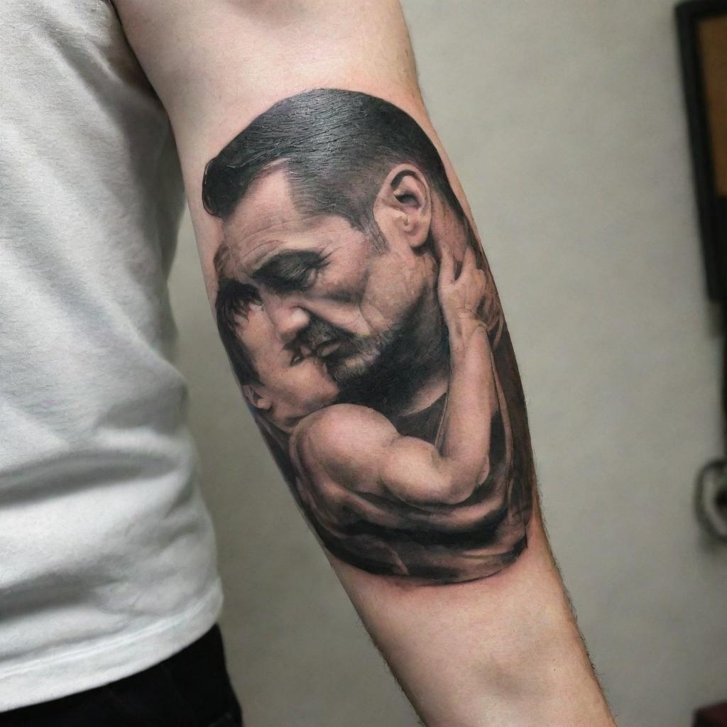 An artistic bicep tattoo design, featuring symbolic father and son elements. The piece could incorporate abstract forms or elements such as a father's strong arm curled around a smaller, childlike one, both in a dynamic, flowing style.
