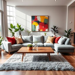 A beautifully decorated modern living room featuring a minimalist design, with a large sectional sofa in soft grey fabric, complemented by stylish throw pillows in various textures