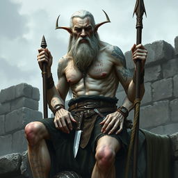 An old and very tall warlock with white cadaveric skin, shirtless, showcasing an array of scars on his muscular physique and various tattoos