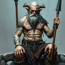 An old and very tall warlock with white cadaveric skin, shirtless, showcasing an array of scars on his muscular physique and various tattoos