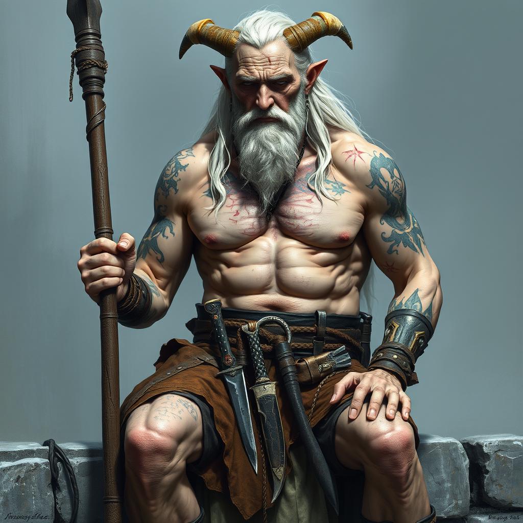 An old and very tall warlock with white cadaveric skin, shirtless, showcasing an array of scars on his muscular physique and various tattoos