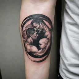 An artistic bicep tattoo design, featuring symbolic father and son elements. The piece could incorporate abstract forms or elements such as a father's strong arm curled around a smaller, childlike one, both in a dynamic, flowing style.