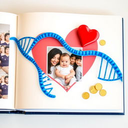 An enchanting family keepsake book layout featuring a vibrant blue DNA strand intertwined with a red heart, accompanied by shimmering gold coins