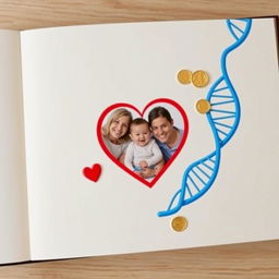 An enchanting family keepsake book layout featuring a vibrant blue DNA strand intertwined with a red heart, accompanied by shimmering gold coins