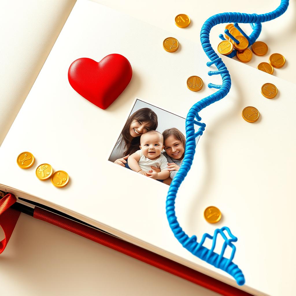 An enchanting family keepsake book layout featuring a vibrant blue DNA strand intertwined with a red heart, accompanied by shimmering gold coins