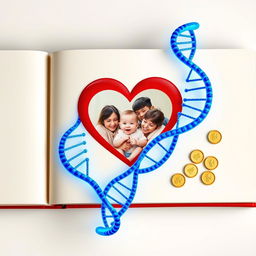 An enchanting family keepsake book layout featuring a vibrant blue DNA strand intertwined with a red heart, accompanied by shimmering gold coins