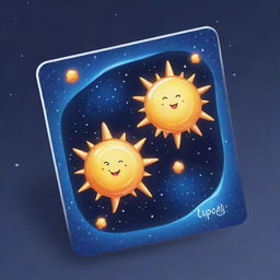 Design a cute, cartoon-style 'Celestial Fusion' card, an 'upcell' type. Visualize two cells in an endearing merger to form a powerful hybrid cell. The newly formed cell should beam with combined abilities and a celestial glow.