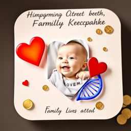 A heartwarming family keepsake image featuring a vibrant DNA strand intertwined with a bright red heart, accompanied by a scattering of glittering gold coins