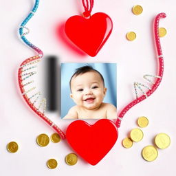 A heartwarming family keepsake image featuring a vibrant DNA strand intertwined with a bright red heart, accompanied by a scattering of glittering gold coins