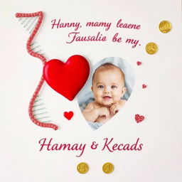 A heartwarming family keepsake image featuring a vibrant DNA strand intertwined with a bright red heart, accompanied by a scattering of glittering gold coins