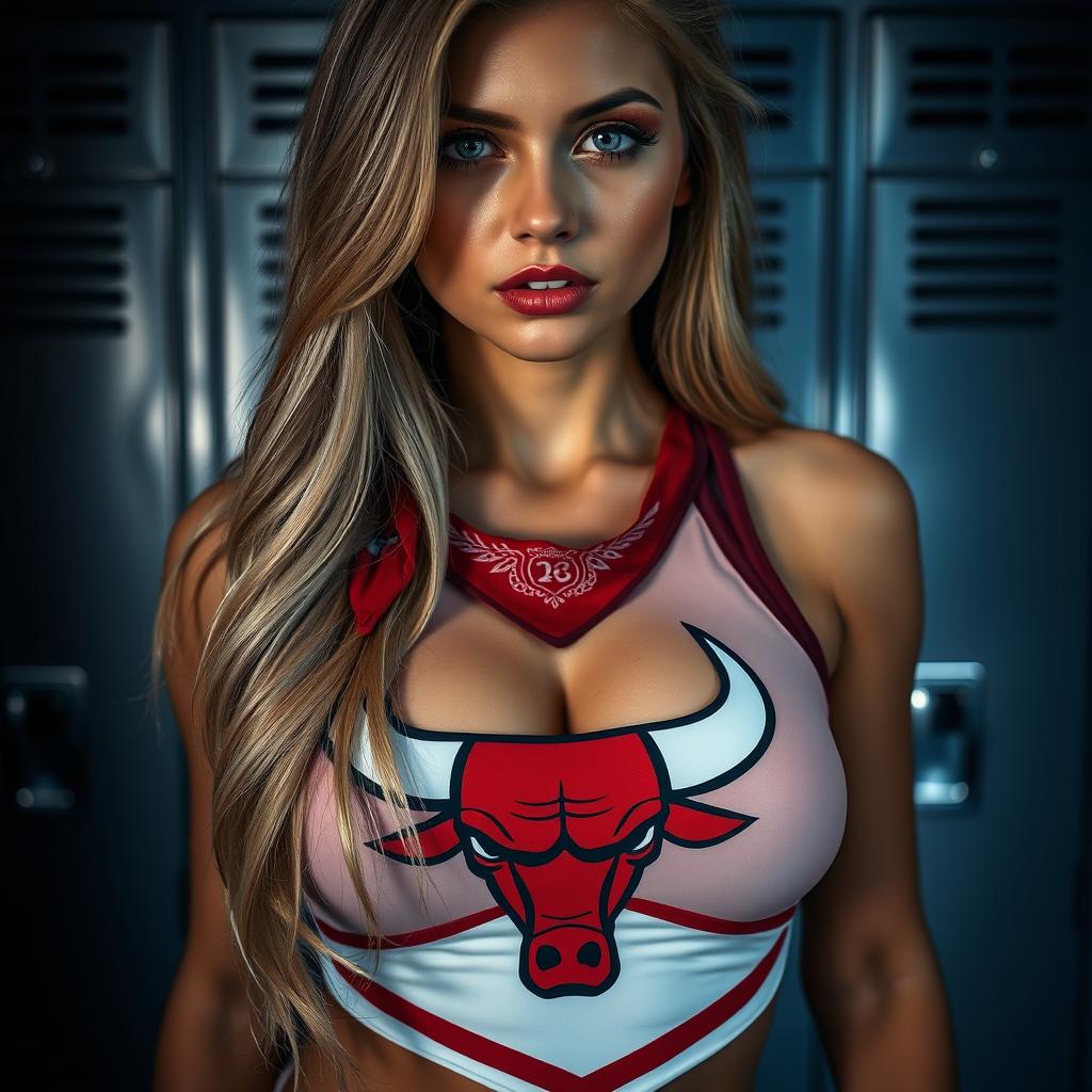 A close-up shot focusing on the chest of a gorgeous female in a cheerleader outfit