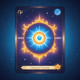 Design a cute, cartoon-style 'Celestial Fusion' card, an 'upcell' type. Visualize two cells in an endearing merger to form a powerful hybrid cell. The newly formed cell should beam with combined abilities and a celestial glow.