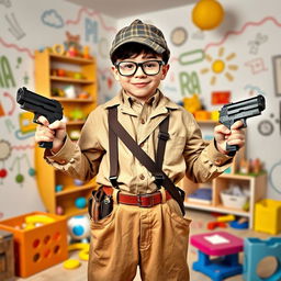 A whimsical scene featuring a 10-year-old boy dressed up as a detective