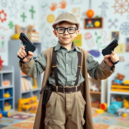 A whimsical scene featuring a 10-year-old boy dressed up as a detective