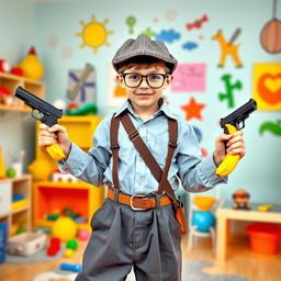 A whimsical scene featuring a 10-year-old boy dressed up as a detective