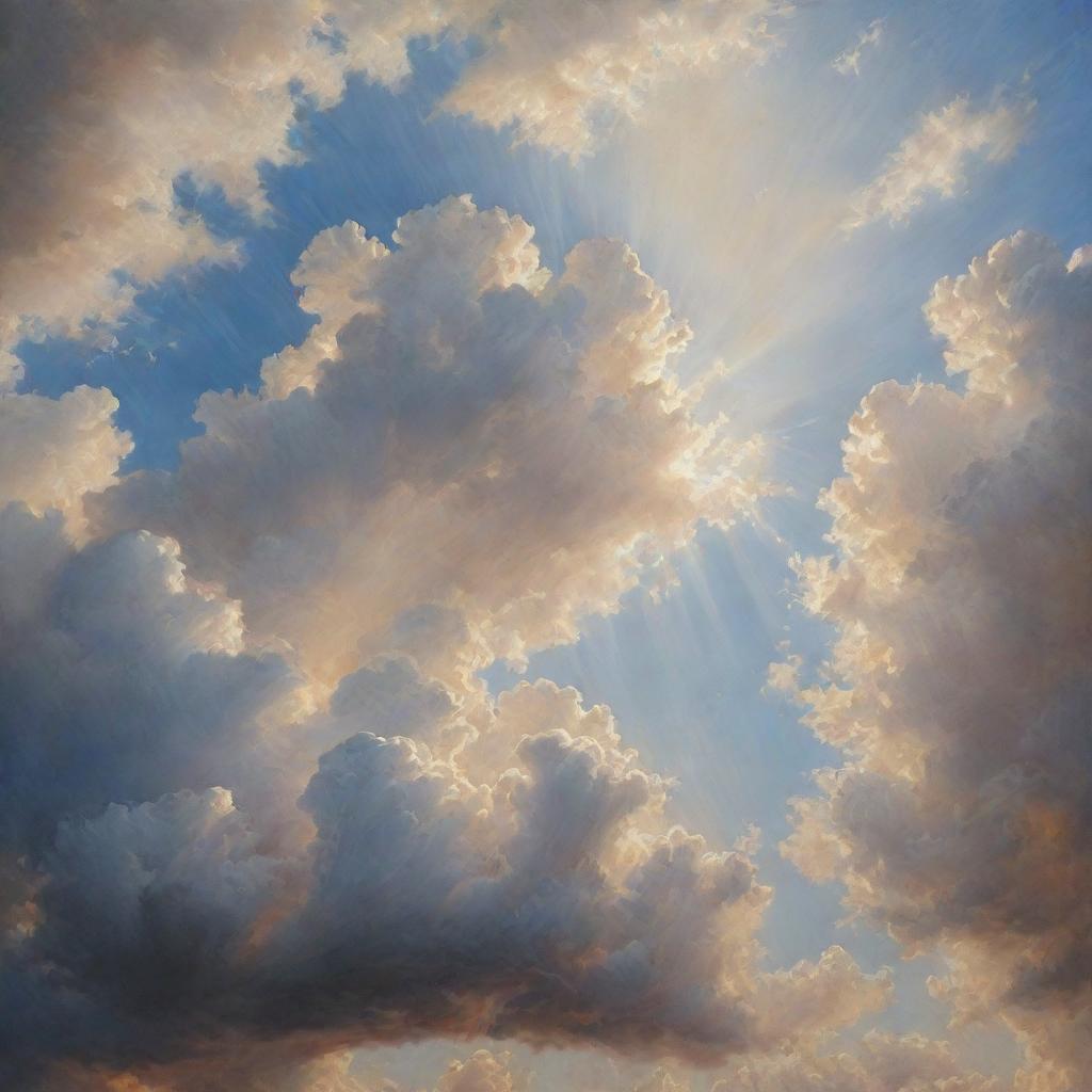 A hyper-realistic painting of a sky filled with fluffy, cumulus clouds with the sun peeking through, casting a brilliant spectacle of scattered sunlight.