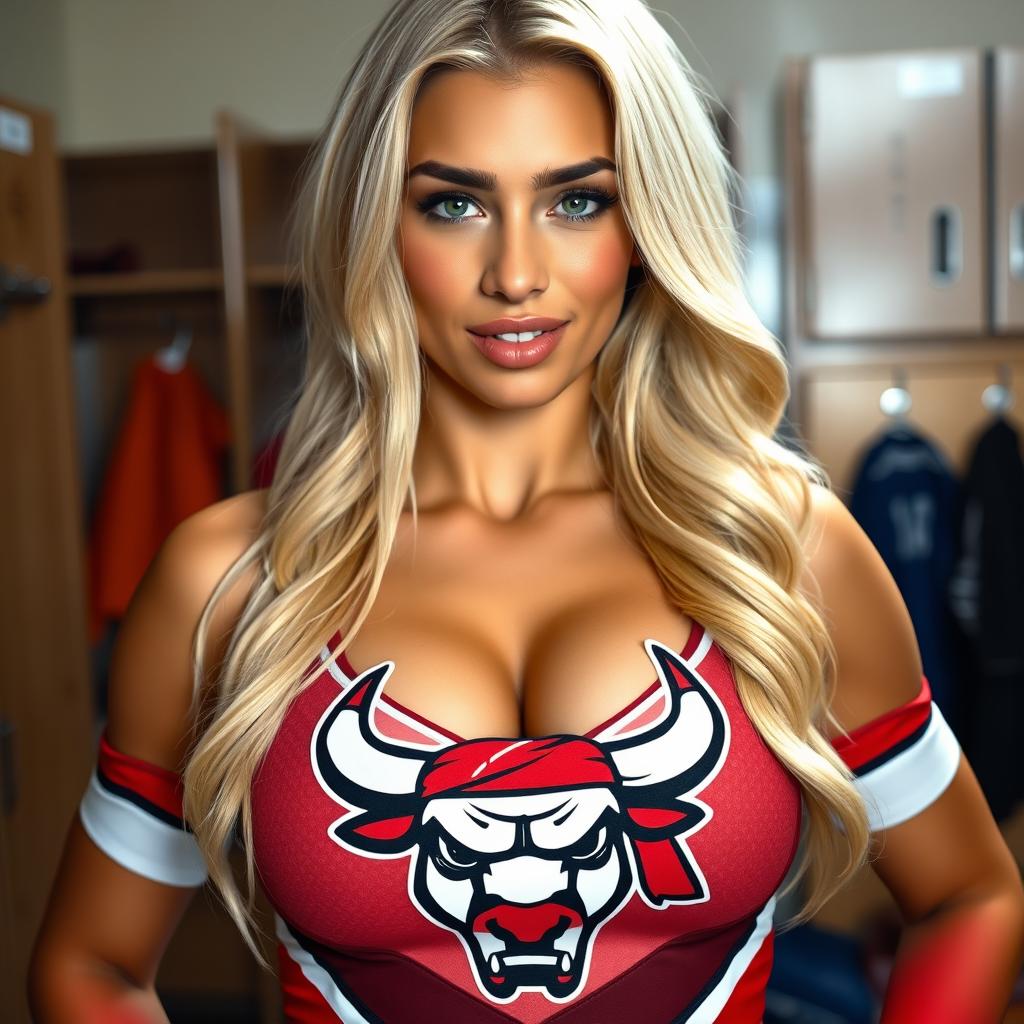 A close-up shot of a stunning blonde female cheerleader, showcasing her upper chest and torso