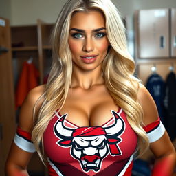 A close-up shot of a stunning blonde female cheerleader, showcasing her upper chest and torso