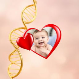 A touching image featuring a gold DNA strand gracefully intertwined with a vibrant red heart, symbolizing love and connection