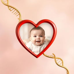 A touching image featuring a gold DNA strand gracefully intertwined with a vibrant red heart, symbolizing love and connection