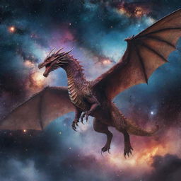 A majestic dragon flying through a cosmic landscape with galaxies and nebulae in the background.