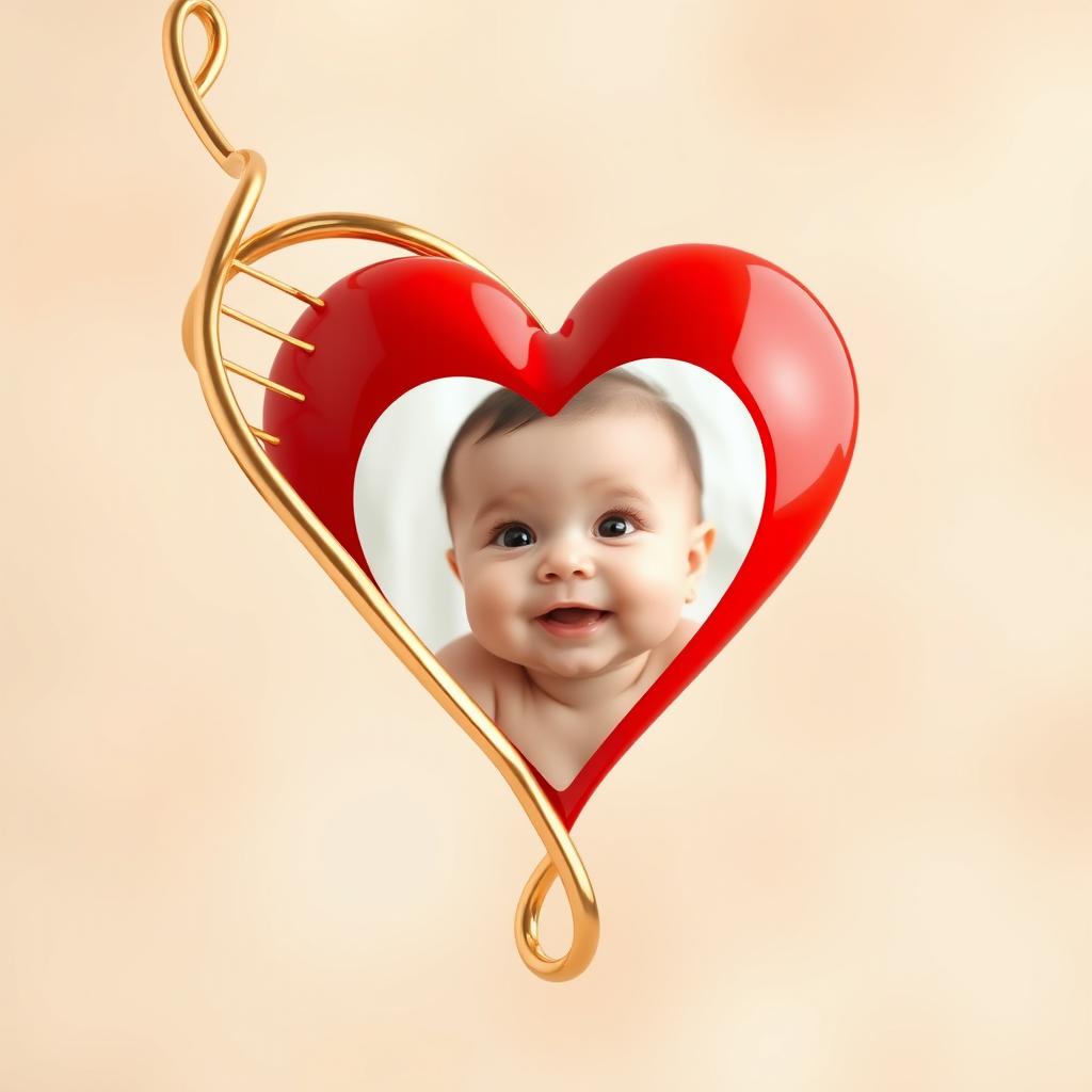 A beautiful image featuring a gold DNA strand elegantly intertwined with a vibrant red heart, symbolizing love and connection