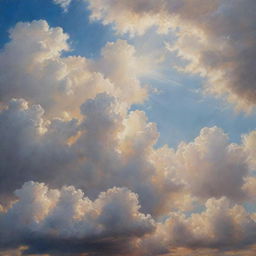 A hyper-realistic painting of a sky filled with fluffy, cumulus clouds with the sun peeking through, casting a brilliant spectacle of scattered sunlight.