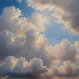 A hyper-realistic painting of a sky filled with fluffy, cumulus clouds with the sun peeking through, casting a brilliant spectacle of scattered sunlight.