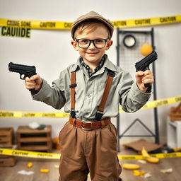 A playful young boy dressed in his father's oversized long-sleeved shirt and baggy trousers, complete with crossbelts, a cap, and glasses, creatively pretending to be a detective officer at a mock homicide crime scene