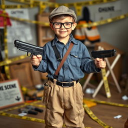 A playful young boy dressed in his father's oversized long-sleeved shirt and baggy trousers, complete with crossbelts, a cap, and glasses, creatively pretending to be a detective officer at a mock homicide crime scene