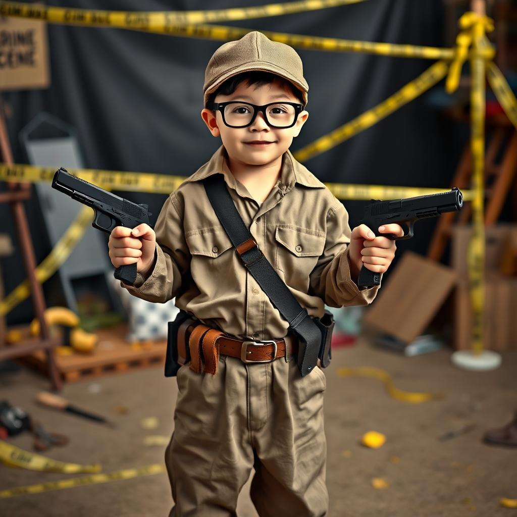 A playful young boy dressed in his father's oversized long-sleeved shirt and baggy trousers, complete with crossbelts, a cap, and glasses, creatively pretending to be a detective officer at a mock homicide crime scene