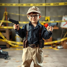 A playful young boy dressed in his father's oversized long-sleeved shirt and baggy trousers, complete with crossbelts, a cap, and glasses, creatively pretending to be a detective officer at a mock homicide crime scene