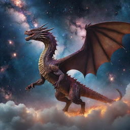 A majestic dragon flying through a cosmic landscape with galaxies and nebulae in the background.