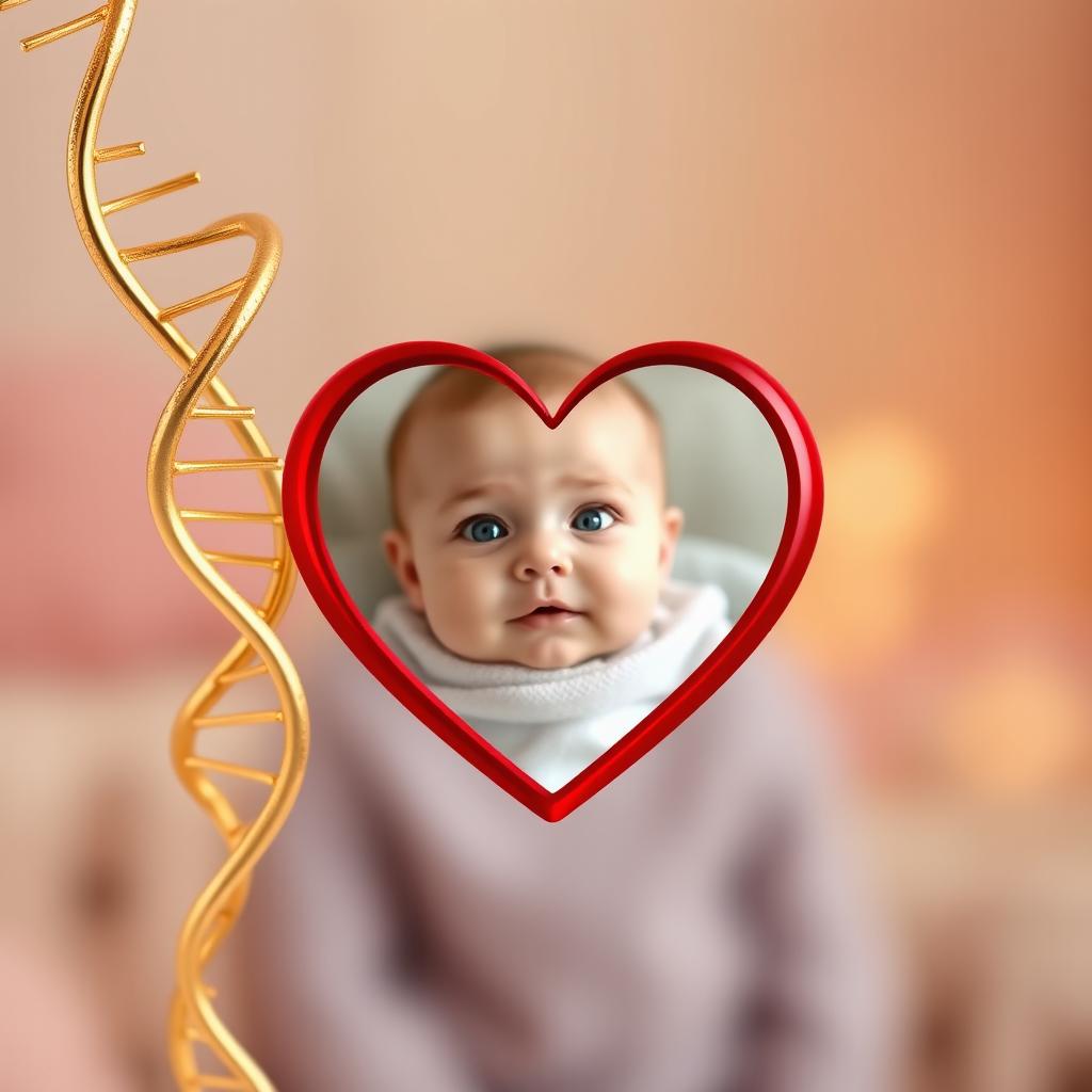 A heartwarming composition featuring a stunning gold DNA strand elegantly intertwined with a vibrant red heart, symbolizing love and connection