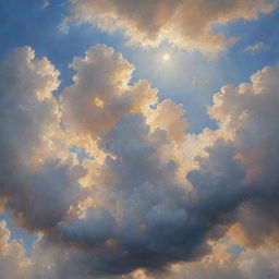 A hyper-realistic painting of a sky filled with fluffy, cumulus clouds with the sun peeking through, casting a brilliant spectacle of scattered sunlight.