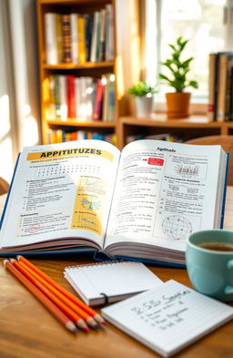 An open aptitude book displayed on a wooden table, with colorful pages featuring various puzzles, problems, and diagrams