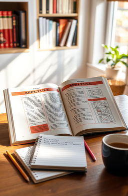 An open aptitude book displayed on a wooden table, with colorful pages featuring various puzzles, problems, and diagrams