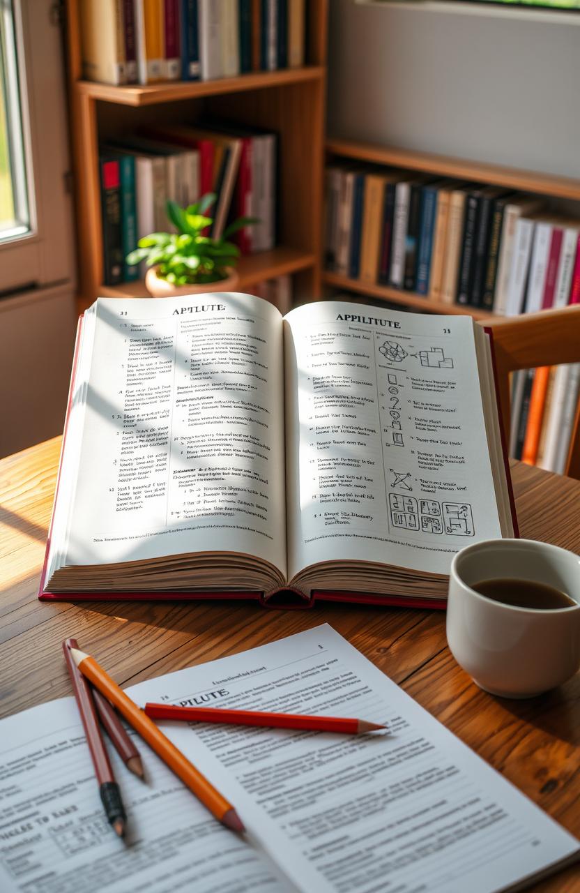 An open aptitude book displayed on a wooden table, with colorful pages featuring various puzzles, problems, and diagrams