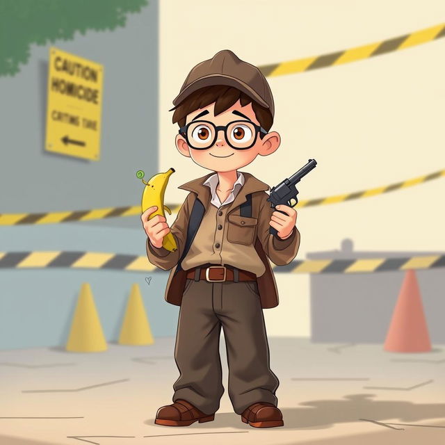 An animated scene featuring a 10-year-old boy playfully dressed in his father's oversized long-sleeved shirt, baggy trousers, a cap, and glasses, embodying a young detective officer at a HOMICIDE crime scene