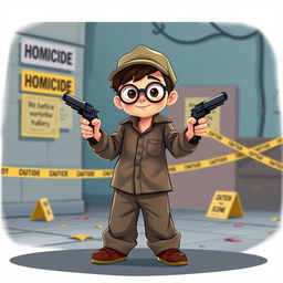 An animated scene featuring a 10-year-old boy playfully dressed in his father's oversized long-sleeved shirt, baggy trousers, a cap, and glasses, embodying a young detective officer at a HOMICIDE crime scene
