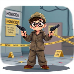 An animated scene featuring a 10-year-old boy playfully dressed in his father's oversized long-sleeved shirt, baggy trousers, a cap, and glasses, embodying a young detective officer at a HOMICIDE crime scene