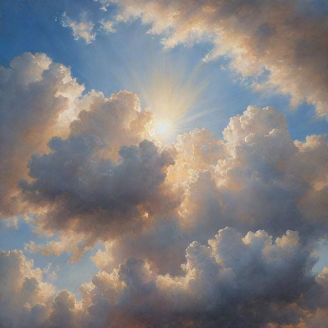 A hyper-realistic painting of a sky filled with fluffy, cumulus clouds with the sun peeking through, casting a brilliant spectacle of scattered sunlight.