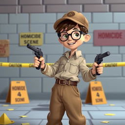 An animated scene featuring a 10-year-old boy playfully dressed in his father's oversized long-sleeved shirt, baggy trousers, a cap, and glasses, embodying a young detective officer at a HOMICIDE crime scene