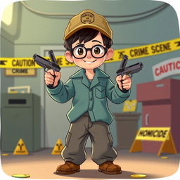 An animated scene featuring a 10-year-old boy playfully dressed in his father's oversized long-sleeved shirt, baggy trousers, a cap, and glasses, embodying a young detective officer at a HOMICIDE crime scene