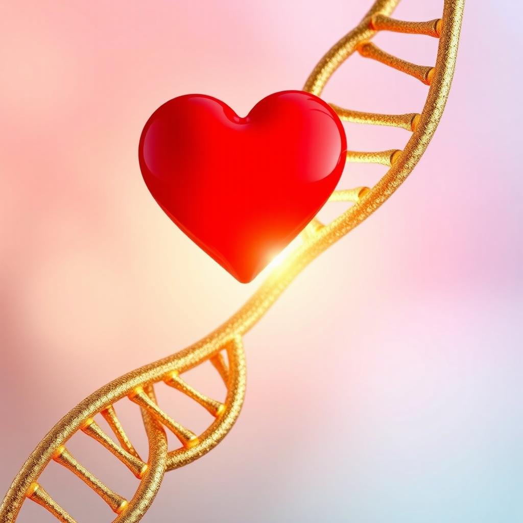 A captivating image featuring a stunning gold DNA strand elegantly intertwined with a vibrant red heart at its center