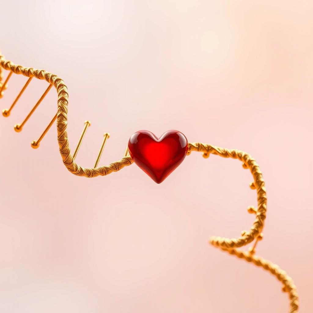 A captivating image featuring a stunning gold DNA strand elegantly intertwined with a vibrant red heart at its center