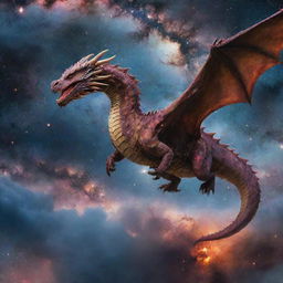 A majestic dragon flying through a cosmic landscape with galaxies and nebulae in the background.