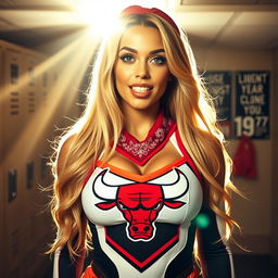 A close-up shot of a gorgeous female cheerleader in a locker room, wearing a fitted cheerleader top featuring an angry bull logo with a red bandana