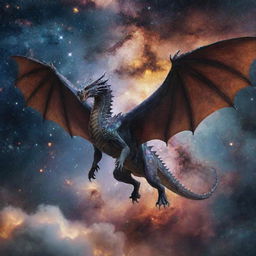 A majestic dragon flying through a cosmic landscape with galaxies and nebulae in the background.