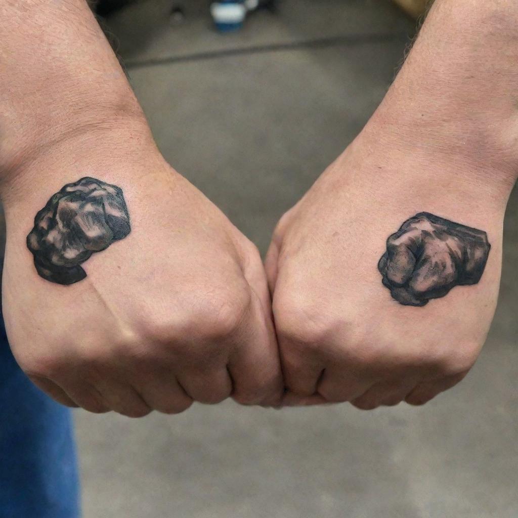 An engaging father and son bicep tattoo design that showcases a detailed fist bump. The larger, weathered father's fist is lovingly bumping the smaller, childlike fist, signifying companionship and shared strength.